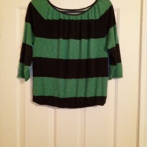 Y2K Style Relaxed Fit Cropped Green/Black Stripe Blouse Size XS By The Loft